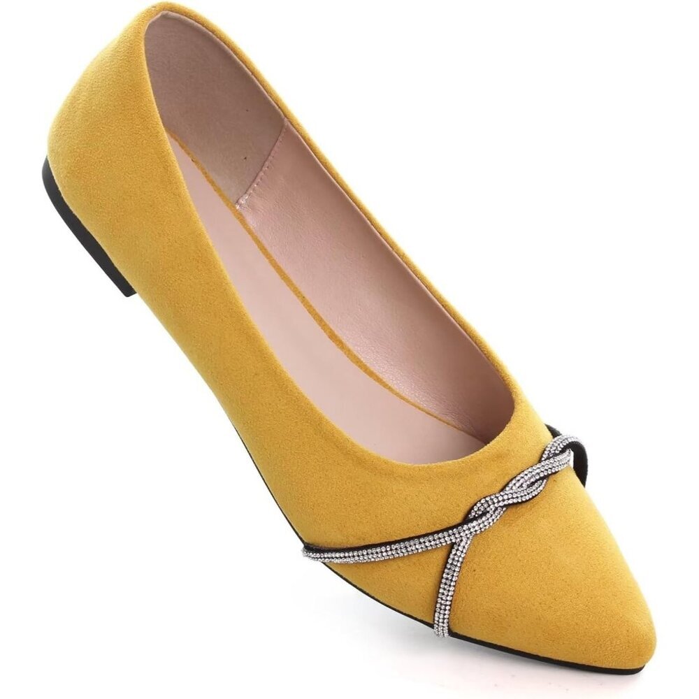 Women's Yellow Casual Flats Fashion Chain Pointed Toe Ballet Flat Rhinestone - Picture 7 of 7